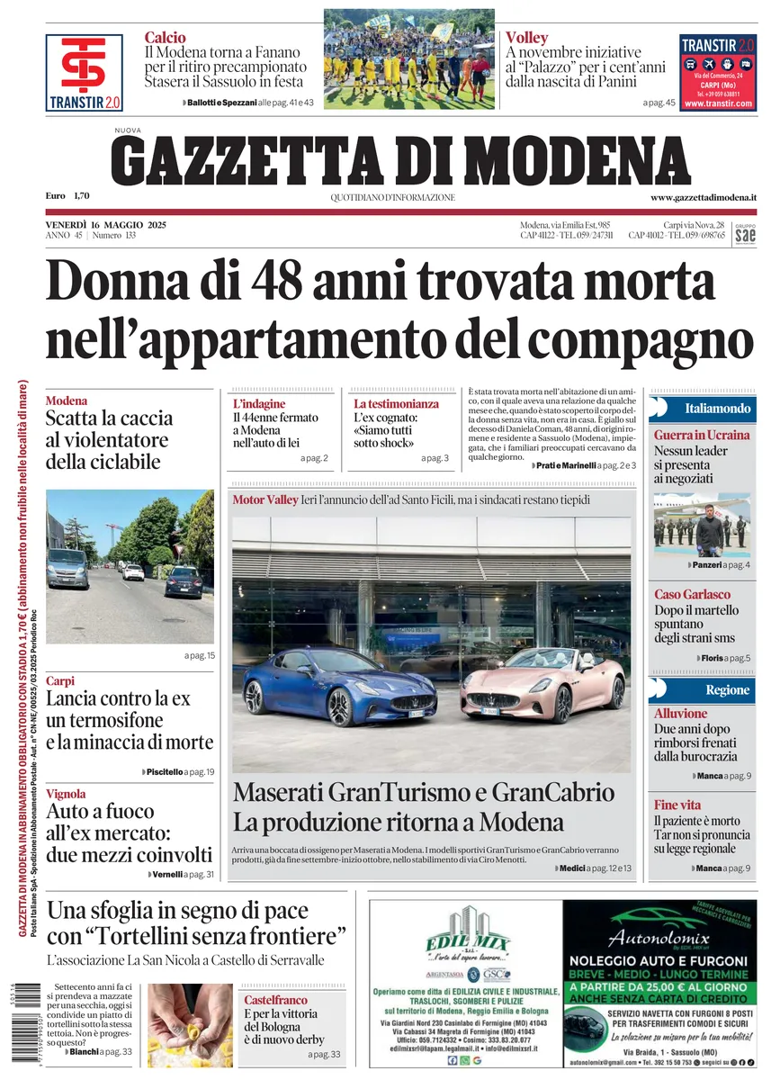 Prima-pagina-gazzetta di modena-oggi-edizione-del-2025-05-16